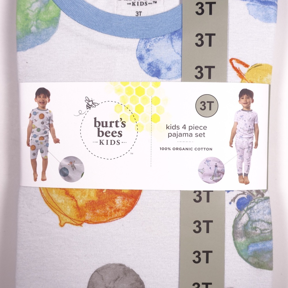 Burts Bees Baby Kids 4 Piece Pajama Set 3T Organic Cotton Space Planets Blue - Picture 2 of 4